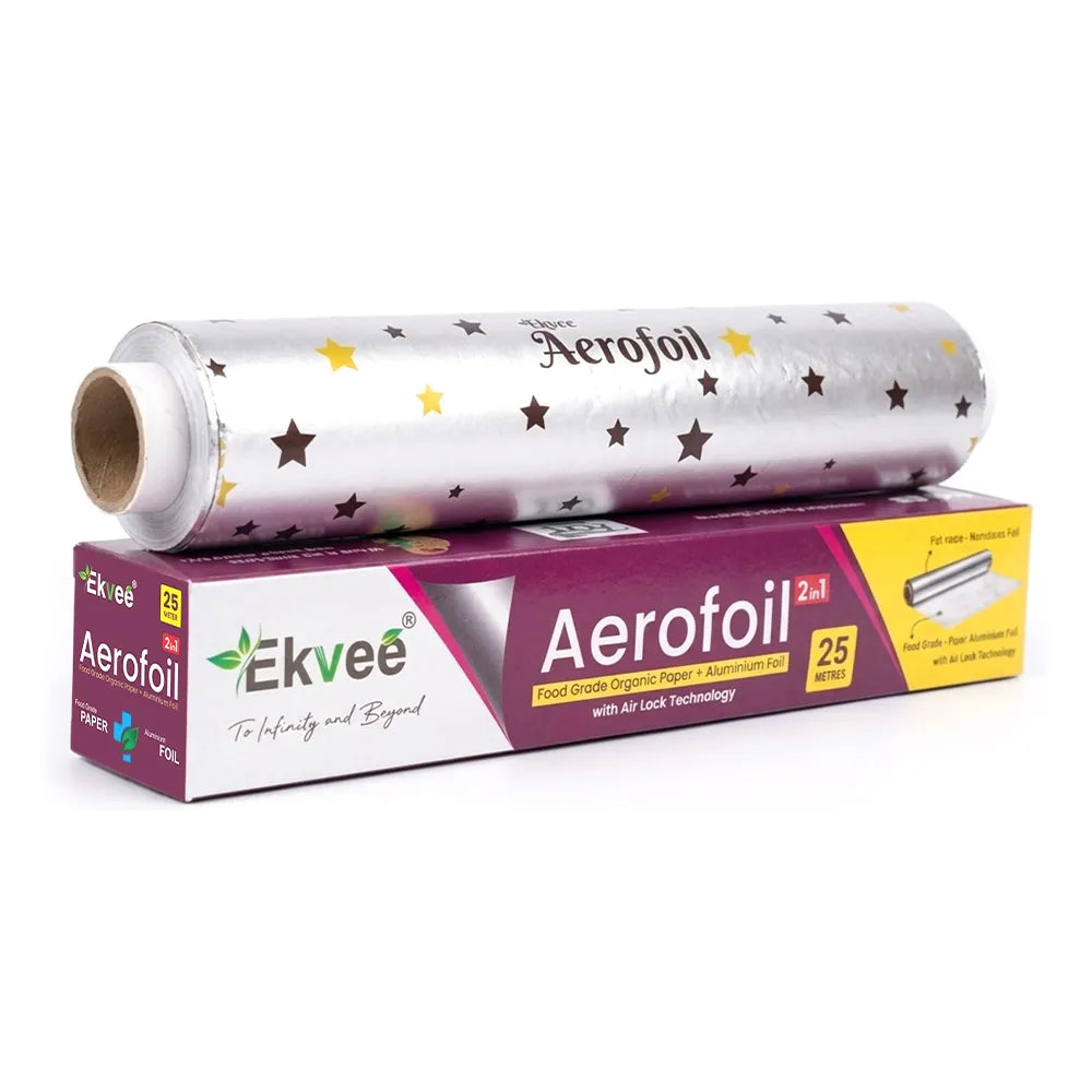 Ekvee Aerofoil 2-in-1 Aluminium Foil and Paper Roll, 25 Metres, food-grade wrapping paper with Air Lock Technology.