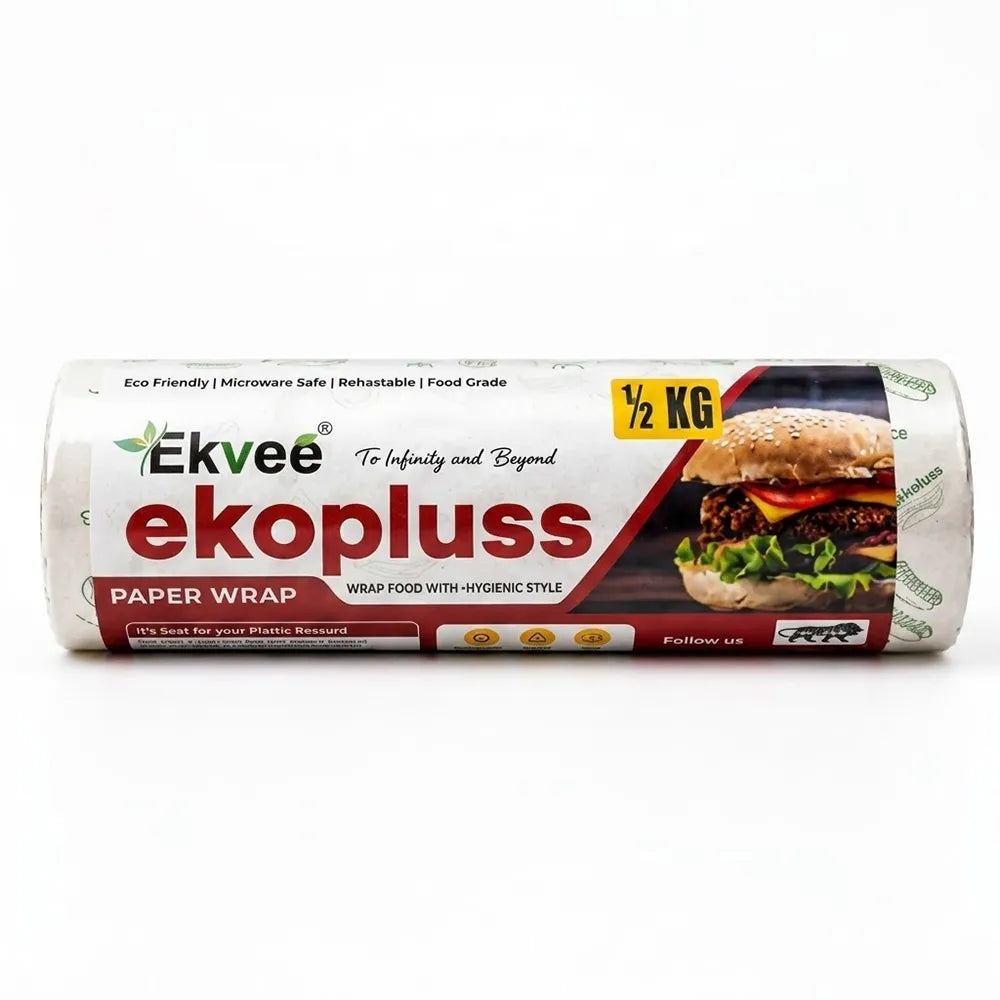 Ekvee Ekopluss 1/2 KG paper wrap roll, featuring a white and red design with a burger graphic, on a clean white background.