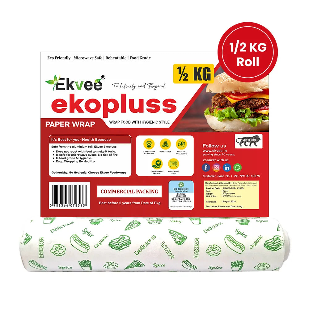 Ekvee Ekopluss paper wrap packaging shown as a 1/2 kg roll, featuring a red and white branded box with food imagery and a white paper roll printed with green food illustrations below.