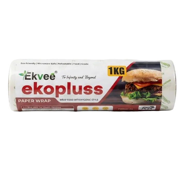 A 1 kg roll of Ekvee Ekopluss paper wrap, featuring a white and red label with a hamburger graphic, displayed on a reflective white surface.
