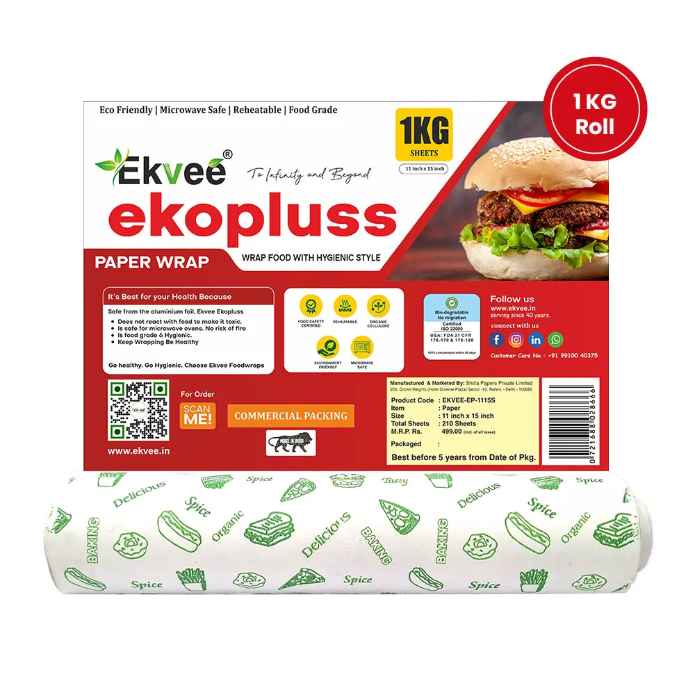 Ekvee Ekopluss paper wrap roll with a 1KG weight badge and a red circular '1KG Roll' sticker, shown above the unrolled patterned paper wrap on a white background.