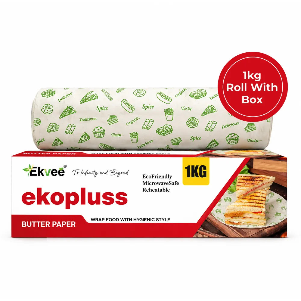 Ekopluss butter paper roll with packaging on a white background.