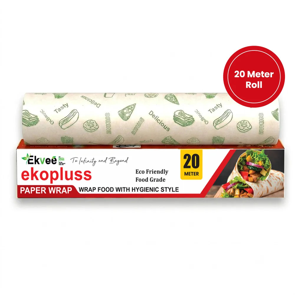 Ekvee Ekopluss paper wrap roll with a 20 meter red badge overlay, showing the patterned wrapping paper and the retail box on a white background.