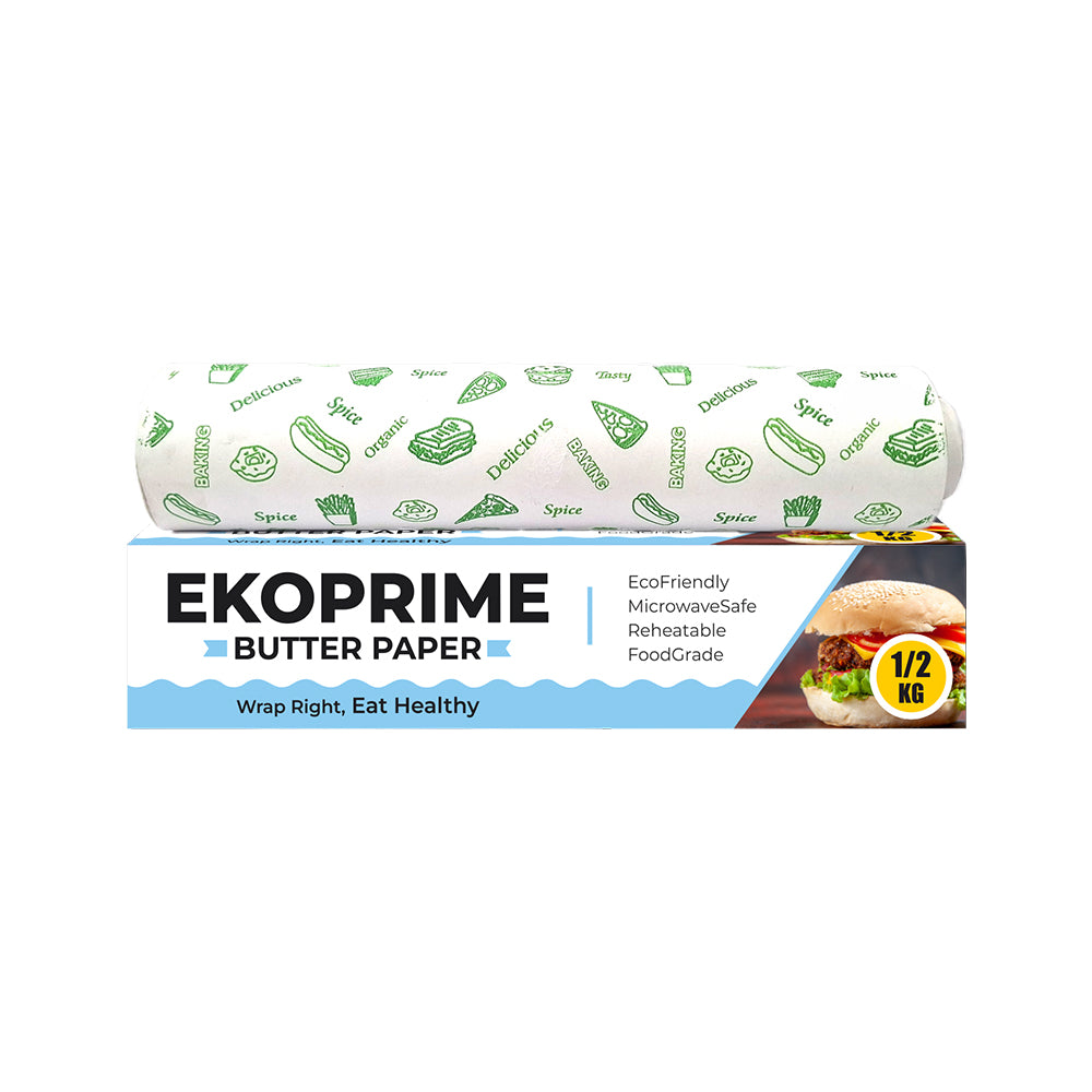 A roll of EKOPRIME Butter Paper wrapped around a cylindrical package, displayed above its retail box on a plain white background. The paper is white with a green pattern of various food items like burgers, pizza, and sushi, and the packaging features the brand name 'EKOPRIME' in bold black letters with blue accents.