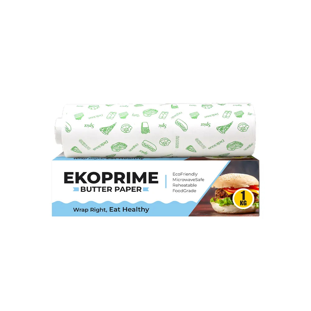 A roll of EKOPRIME Butter Paper wrapped in a white paper sleeve with green food-themed icons, resting on its blue and white retail box against a plain white background.