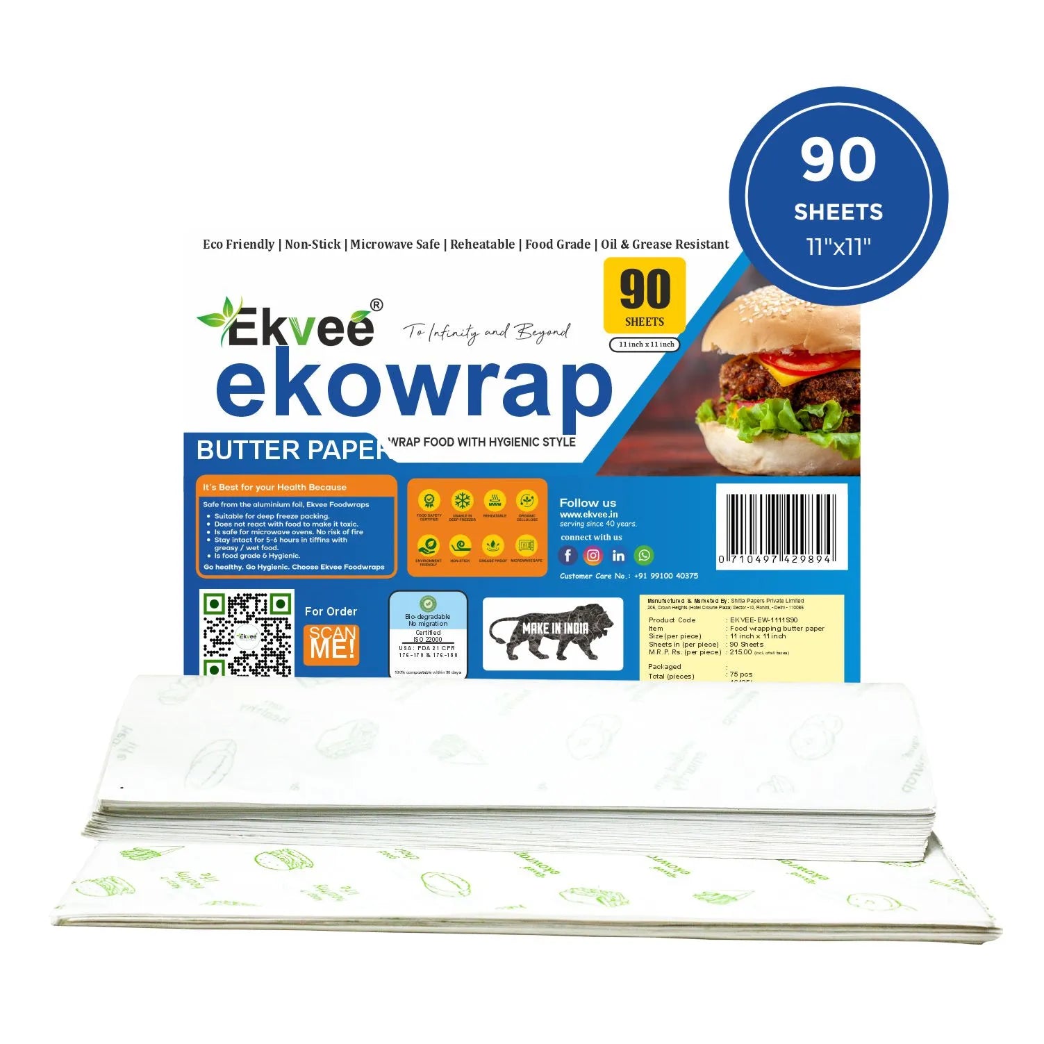 Ekowrap Butter Paper 90 Sheets (11x11 Inch) Pack of-1