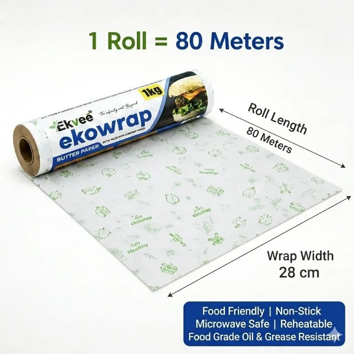 A roll of Ekvee ekowrap butter paper shown partially unrolled on a white background, with text indicating 1 roll equals 80 meters, roll length 80 meters, and wrap width 28 cm. Features a blue badge at the bottom with product benefits.