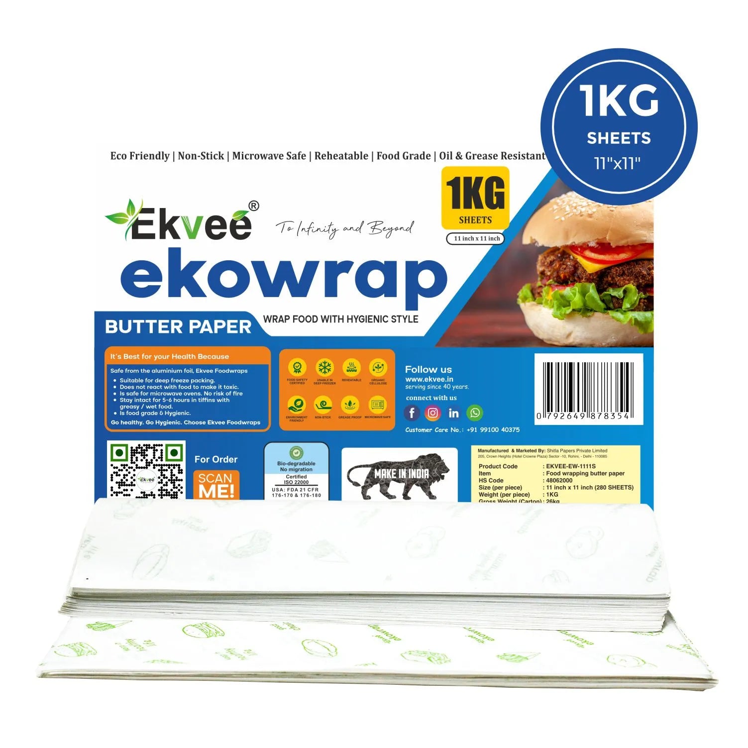 Ekowrap Butter Paper 1 kg Sheets 11x11 Inch Pack of-1