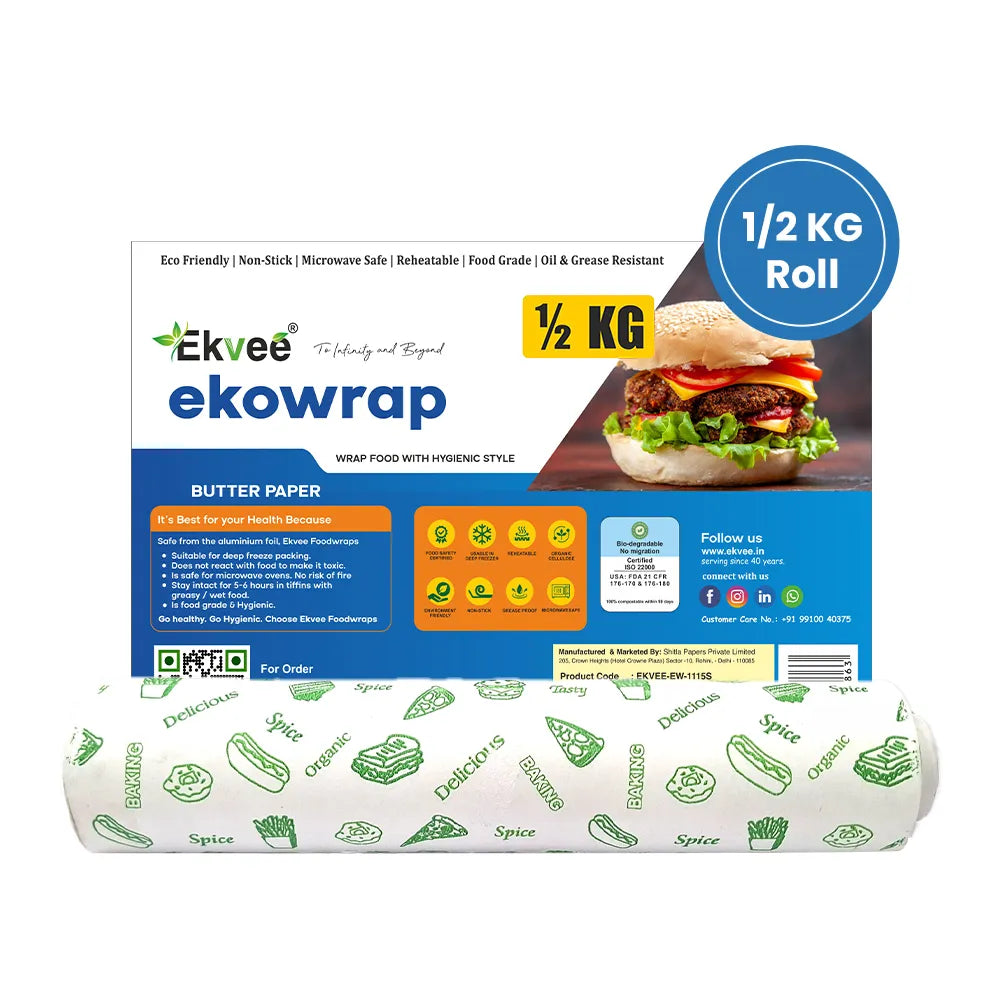 Ekvee Ekowrap Butter Paper roll with its retail packaging on a white background. The packaging is white and blue, with a photo of a burger, and a blue circle indicates '1/2 KG Roll'.