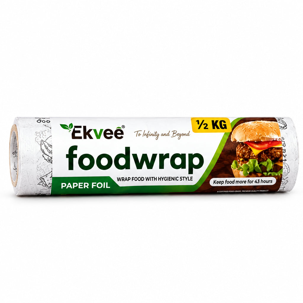 Ekvee Foodwrap paper foil ½ kg roll pack, featuring a burger image and green-and-yellow packaging.