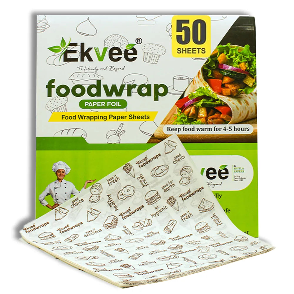 Ekvee brand food wrapping paper sheets shown with their retail box. The packaging is white and green with a yellow '50 Sheets' label and a photo of a wrap.