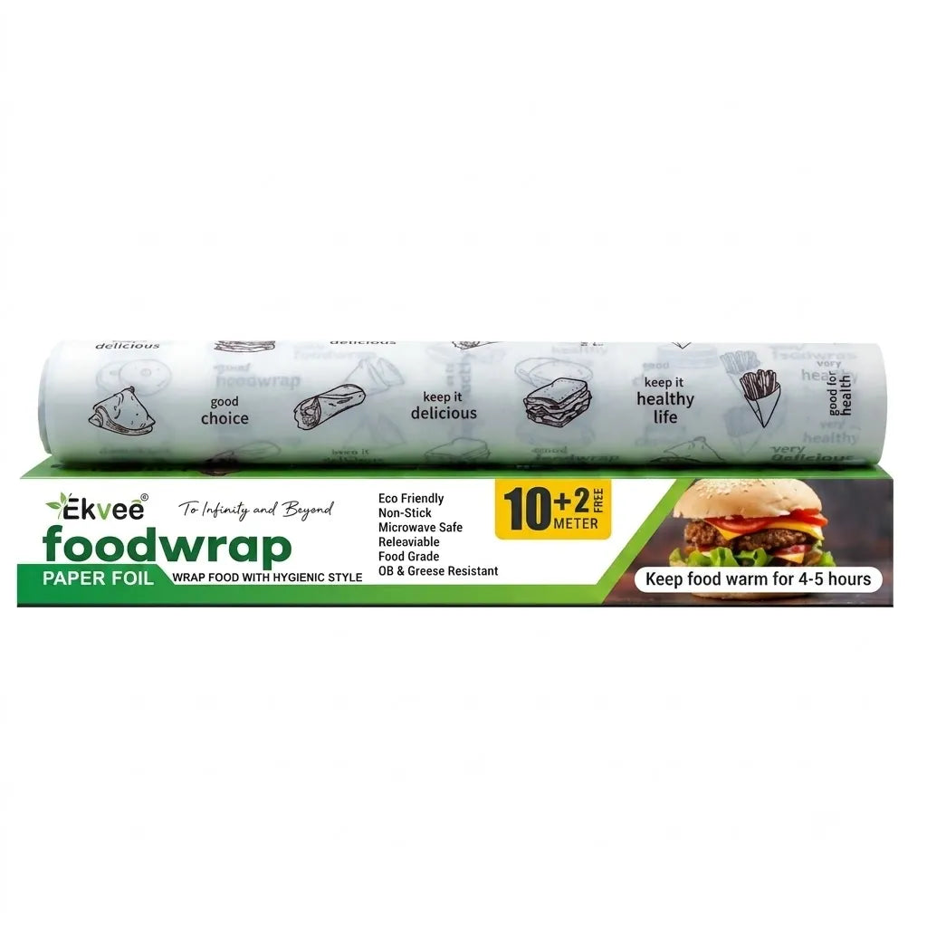 Ekvee paper foil food wrap roll with its retail box, featuring a white roll with black food illustrations and a green and white box labeled 'Ekvee foodwrap' with a yellow '10+2 METER' badge.