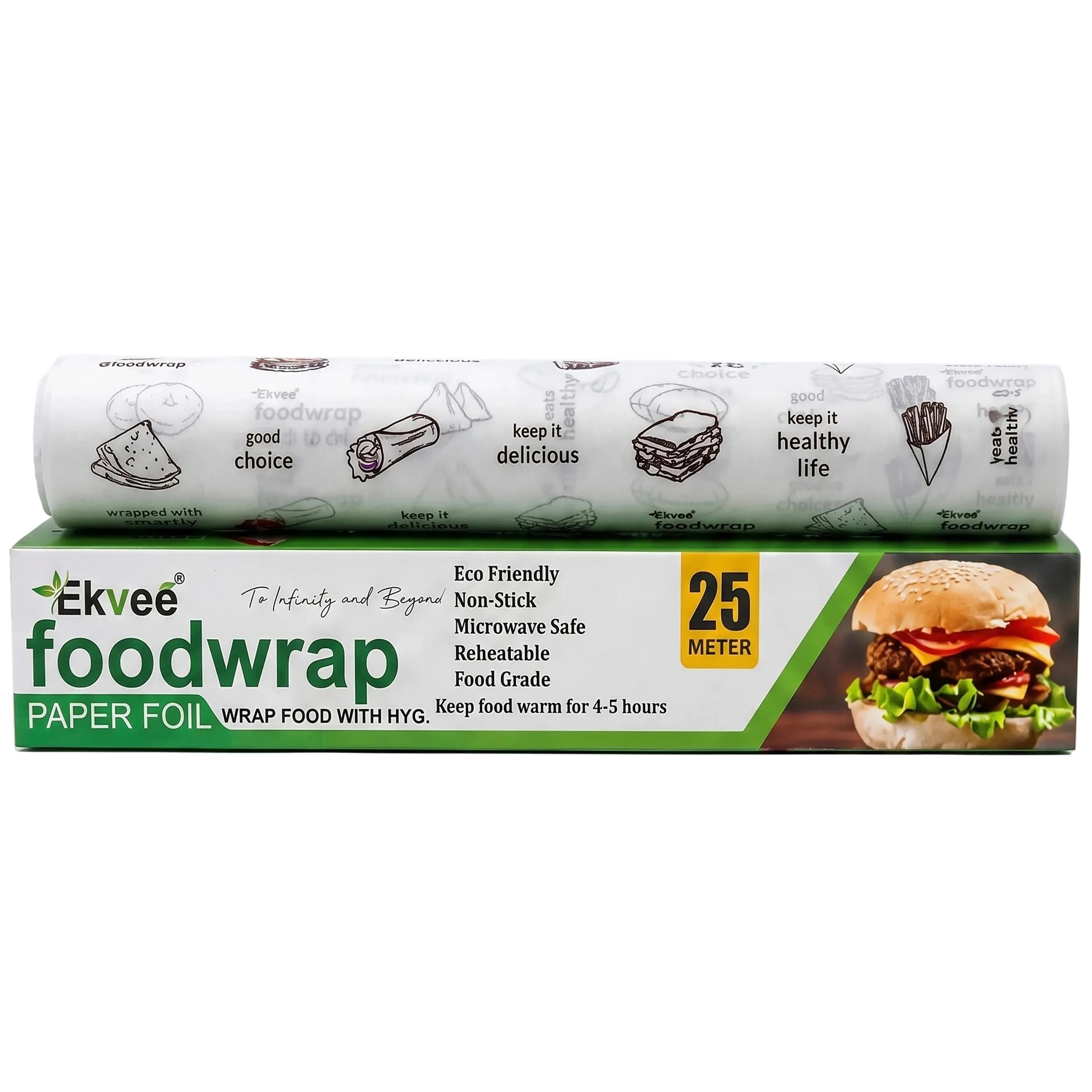 A roll of Ekkee brand paper food wrap resting on top of its retail box. The white wrap has black line drawings of food items and text like 'good choice' and 'keep it healthy life'.