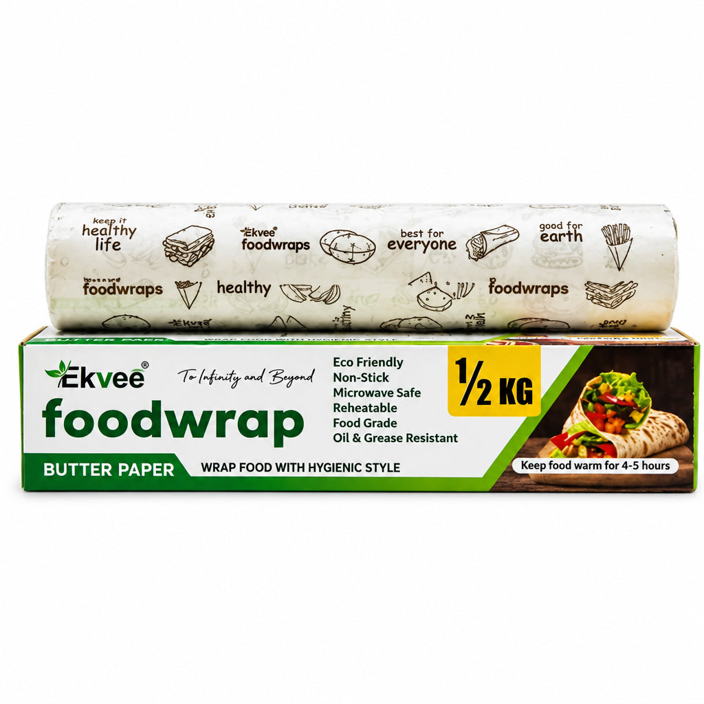 Ekvee Foodwrap butter paper roll, 500 gm and 40 meters, shown with its printed packaging box.