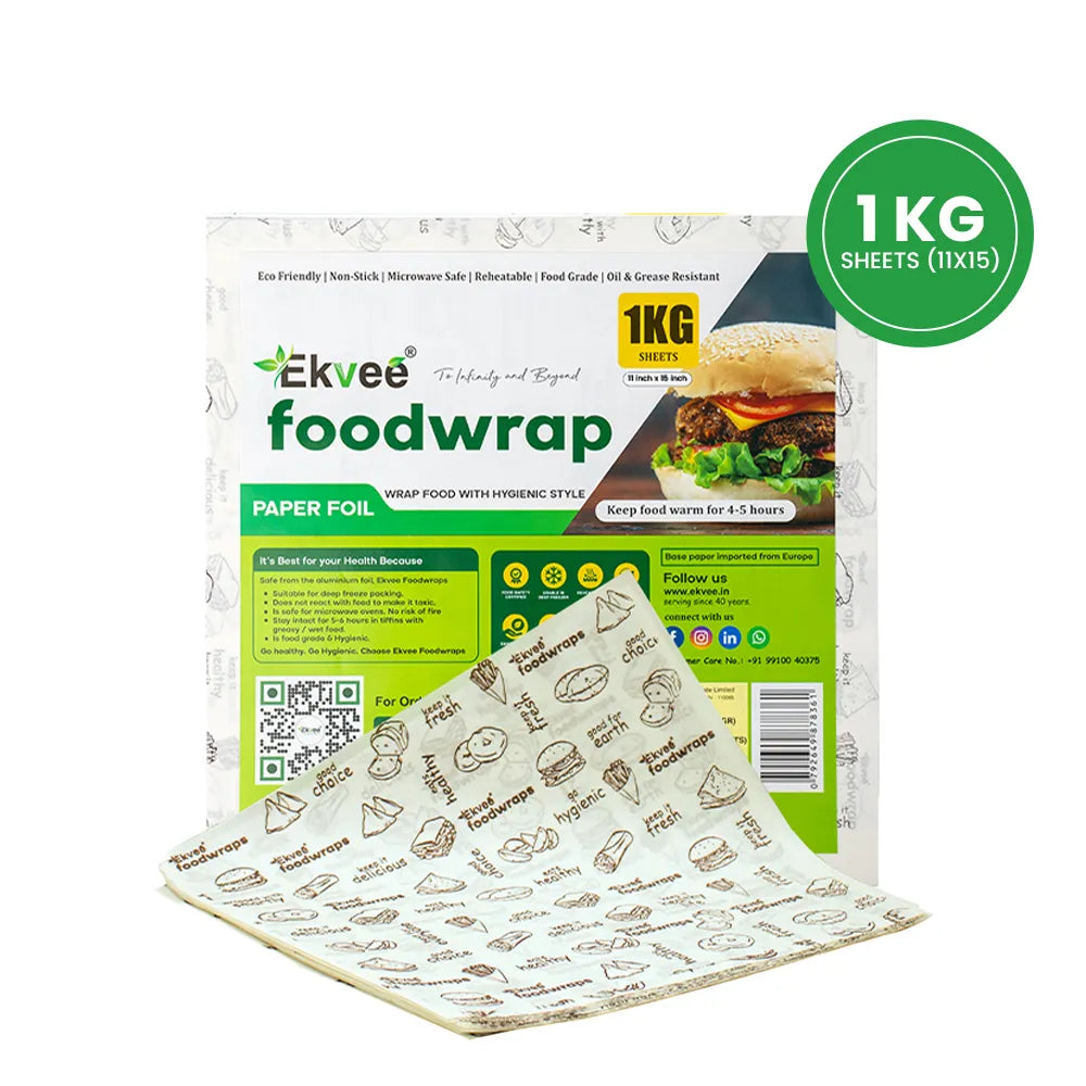 Ekvee Foodwrap paper foil packaging with a green and white label, shown with two sheets of patterned foil in front on a white background. A green circular badge reads '1 KG SHEETS (11X15)'.