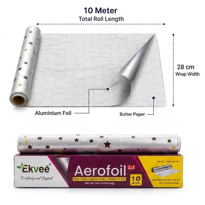 Ekvee Aerofoil 2-in-1 aluminium foil and butter paper wrap shown as a rolled sheet with dimension labels (10 meter total length, 28 cm wrap width) plus the retail box below on a white background.