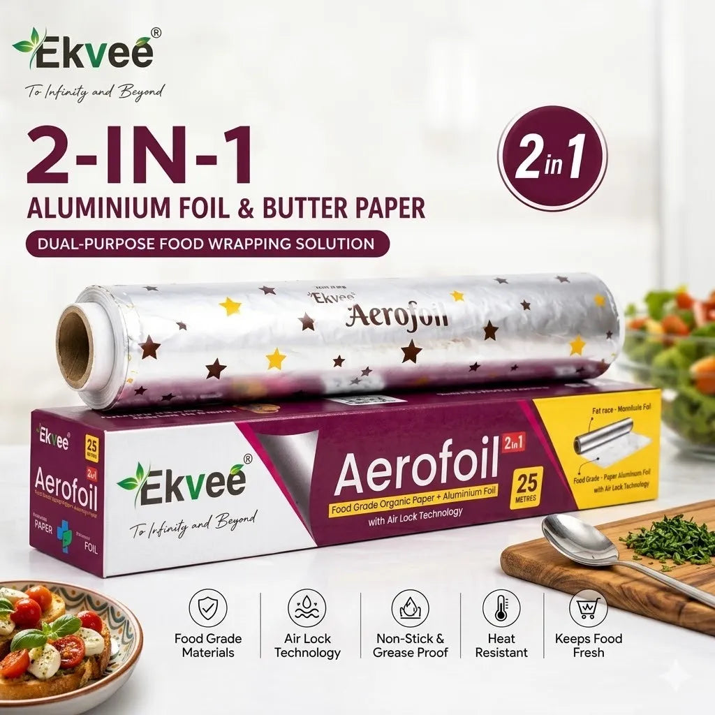 Ekvee 2-in-1 Aluminium Foil and Butter Paper set, featuring a roll of silver foil with gold and dark brown stars resting on top of its purple and yellow packaging box. The background is a clean white kitchen setting with food props like a bowl of salad and a spoon on a cutting board.
