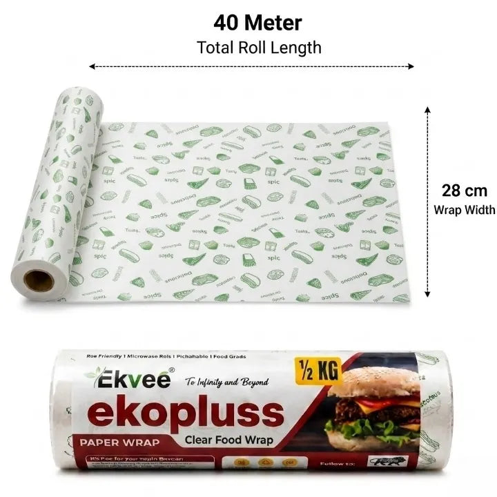 Ekvee ekopluss clear food wrap paper roll with green food illustrations on a white background, showing dimensions of 40 meter total length and 28 cm wrap width, with the unrolled sheet and packaged roll below.