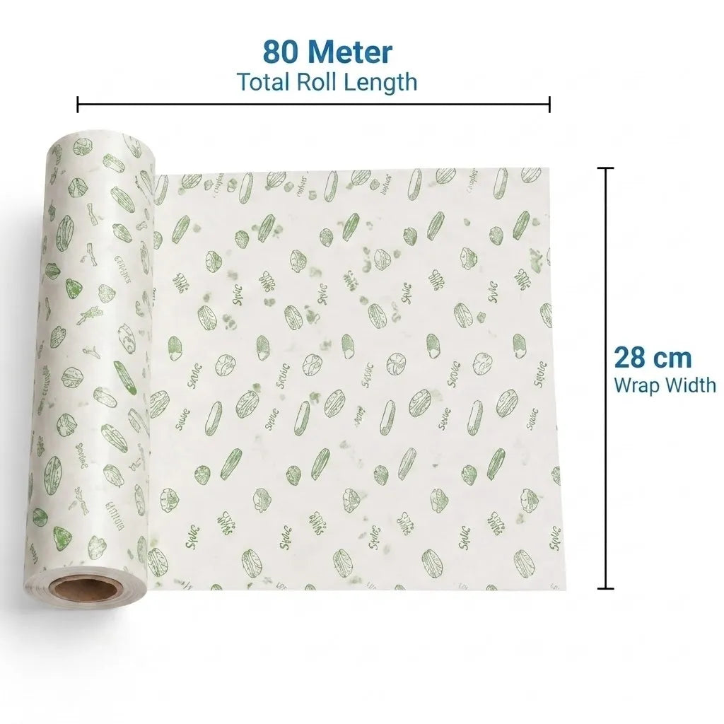 A roll of wrapping paper shown partially unrolled with dimension labels indicating a total roll length of 80 meters and a wrap width of 28 cm. The paper has a white background with a light green scattered botanical pattern.