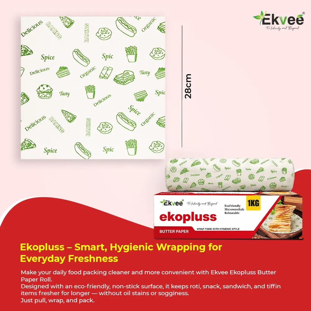 Ekvee Ekopluss butter paper roll packaging and sample sheet on a pink background with product details, dimensions, and descriptive text.
