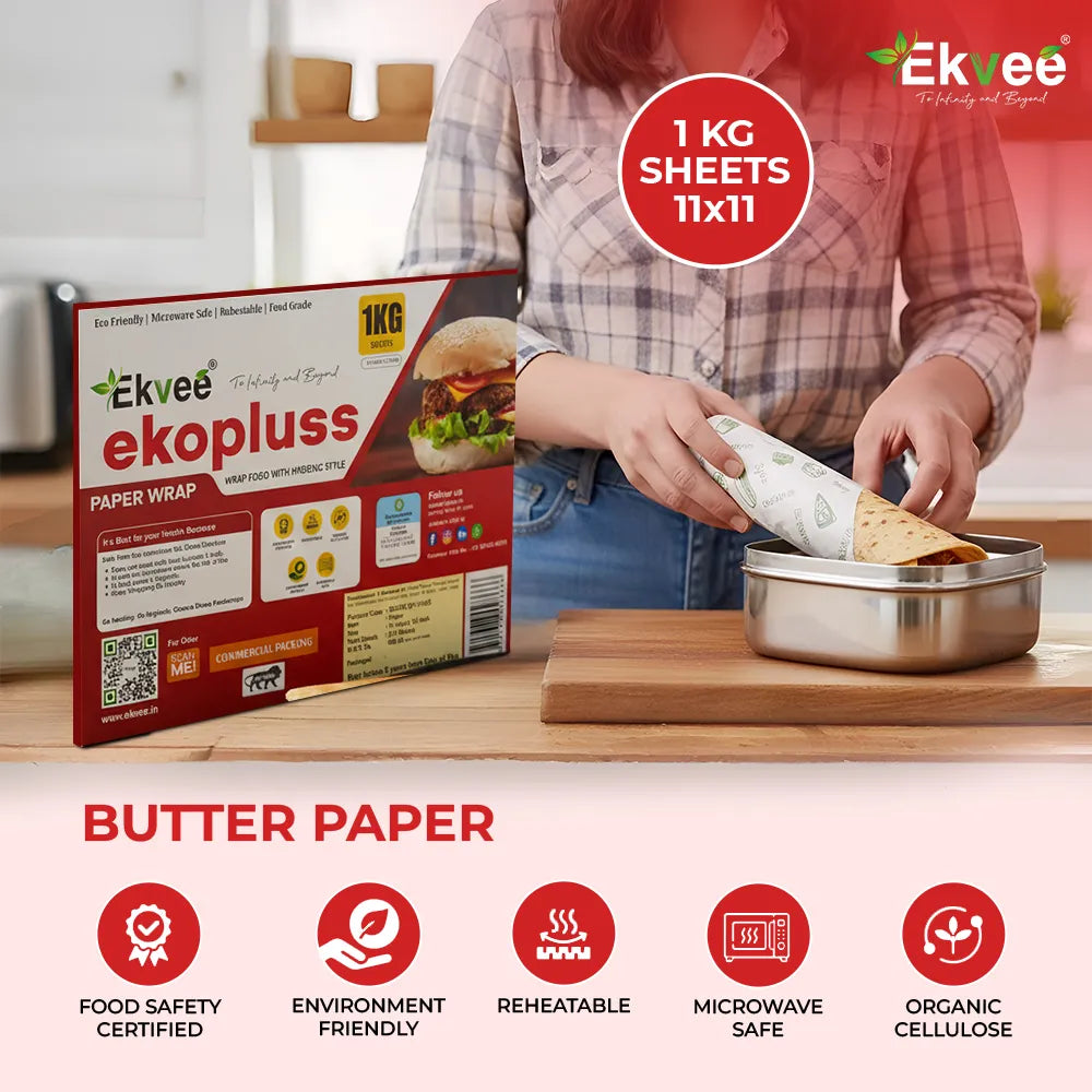 Ekvee Ekopluss butter paper, 1 kg pack of 11 × 11-inch sheets, shown being used to wrap food, with packaging and icons highlighting food safety, eco-friendliness, reheatability, microwave safety, and organic cellulose.