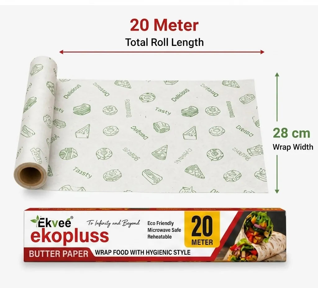 Ekveé ekopluss 20 meter roll of butter paper wrap with a roll-out sheet showing 28 cm width, on a white background with product packaging at the bottom.