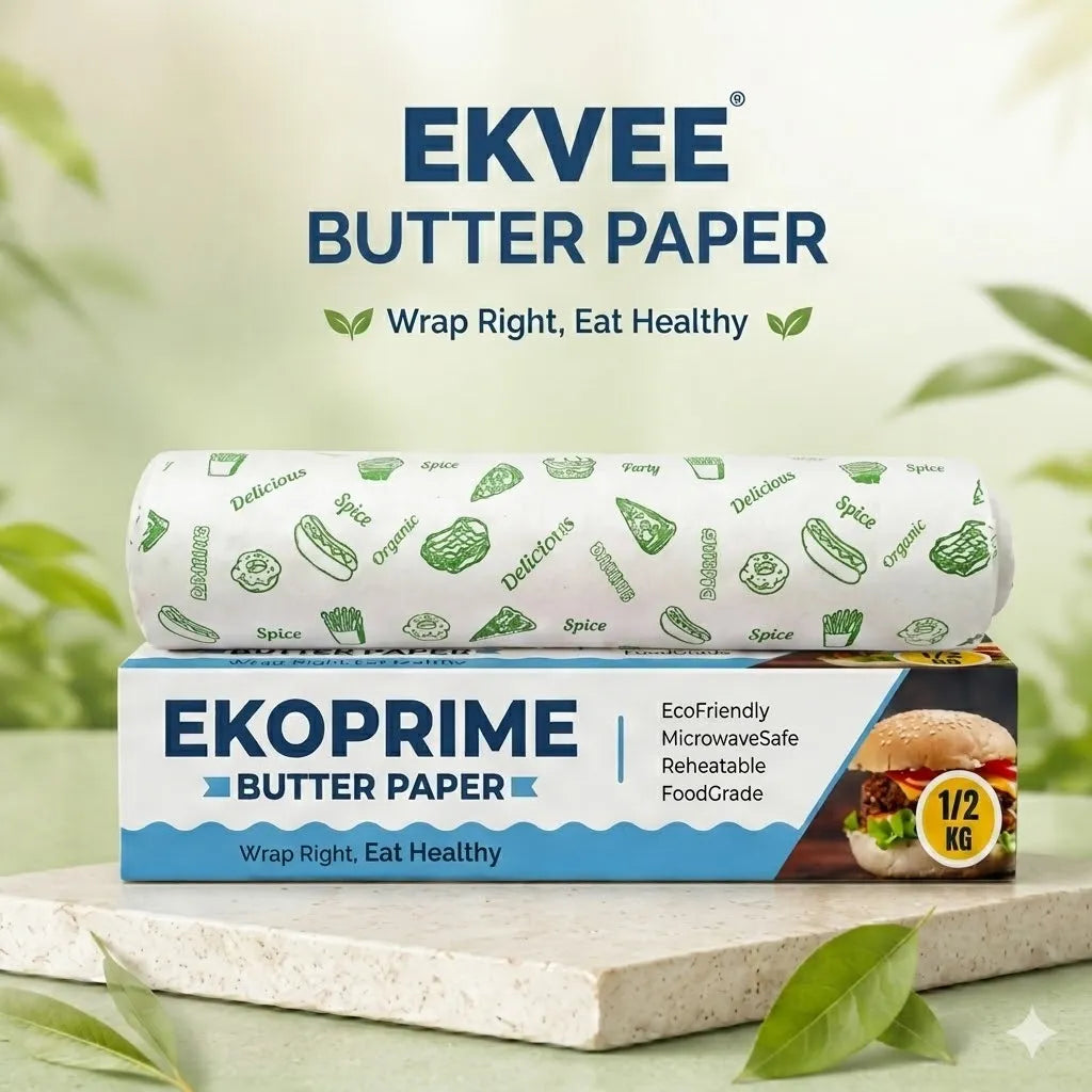 A roll of EKVEE Butter Paper wrapped in a white paper sleeve with green food illustrations, displayed on top of its blue and white EKOPRIME Butter Paper box. The packaging features text like 'Wrap Right, Eat Healthy' and a small burger graphic, set against a light green background with soft leaf shadows.