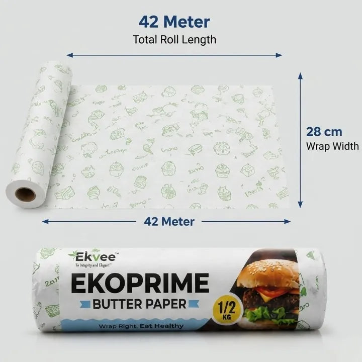 Ekvee Ekoprime Butter Paper roll and unrolled sheet with dimension labels showing 42 meter total length and 28 cm wrap width on a light grey background.