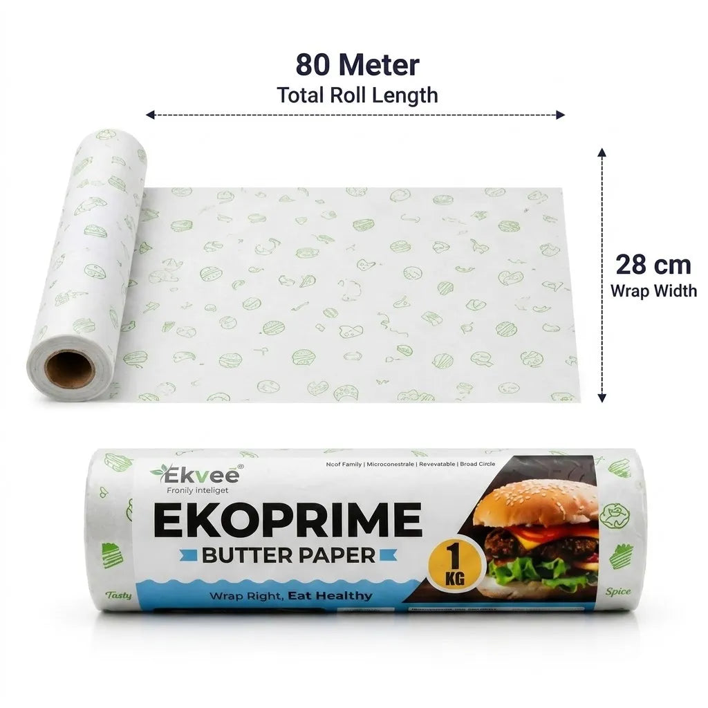  Ekoprime butter paper roll, 1 kg pack, showing an 80-meter total roll length and 28 cm wrap width, with a burger image on the packaging.