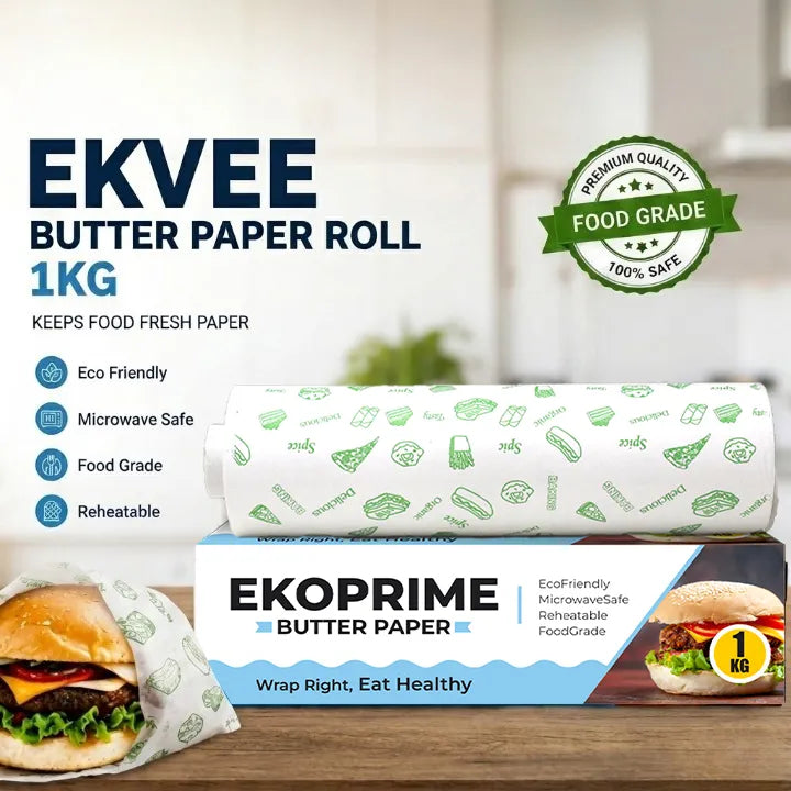 Ekvee Ekoprime butter paper roll, 1 kg, with food-grade packaging, shown with a burger wrapped in printed butter paper and features including eco-friendly, microwave-safe, food-grade, and reheatable.