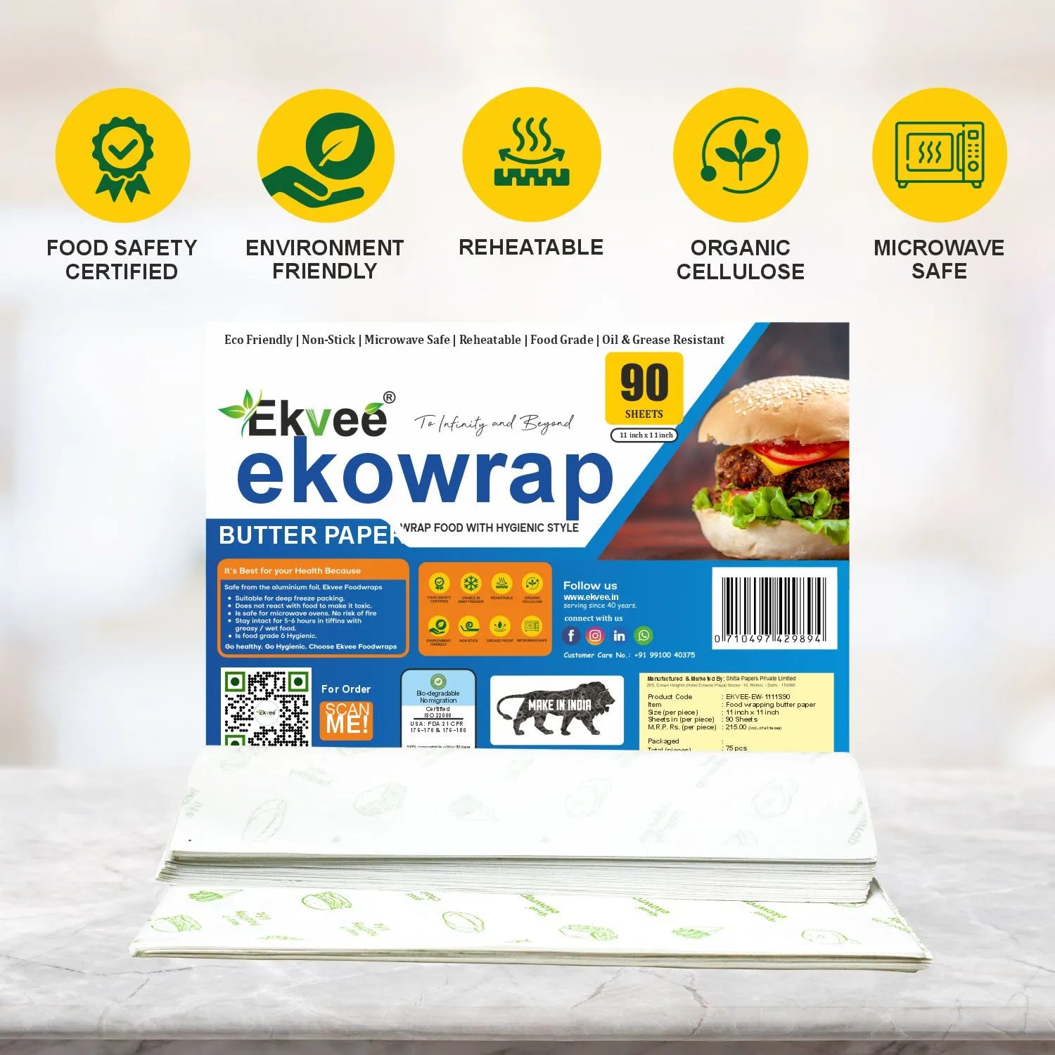 Ekowrap Butter Paper 90 Sheets (11x11 Inch) Pack of-1