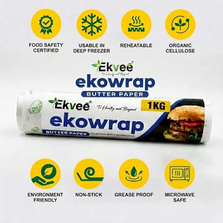 A 1kg of Ekvee Ekowrap Butter Paper shown on a white background with feature icons above and below. The packaging is white with blue and green branding, and a burger photo appears on the right side of the tube.