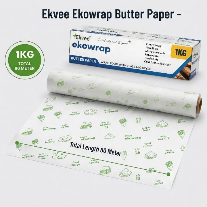 Ekvee Ekowrap Butter Paper roll and packaging box on a light grey background, with a green circular badge stating 1KG Total 80 Meter.