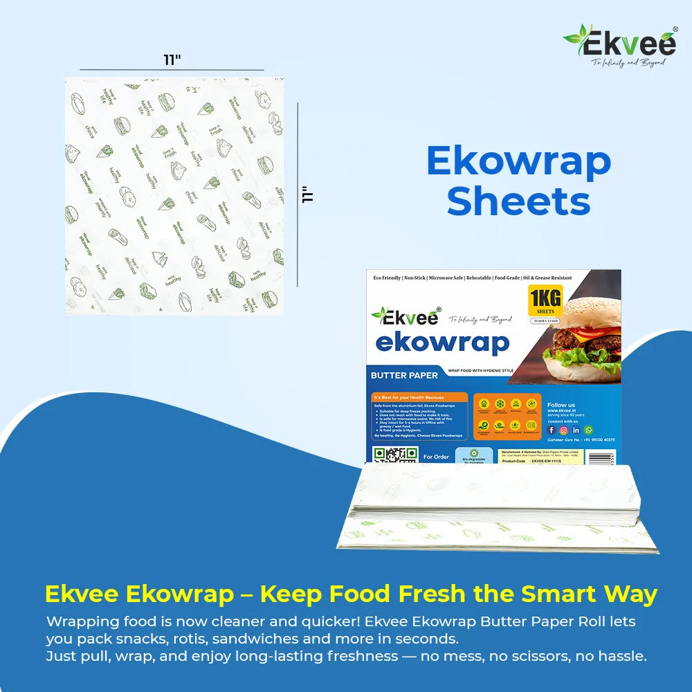 Ekvee Ekowrap Butter Paper Sheets, 11 × 11 inches, 1 kg pack, shown with individual printed sheets and packaging. Text highlights that the sheets are eco-friendly, non-stick, microwave-safe, reheatable, food-grade, and oil- and grease-resistant.