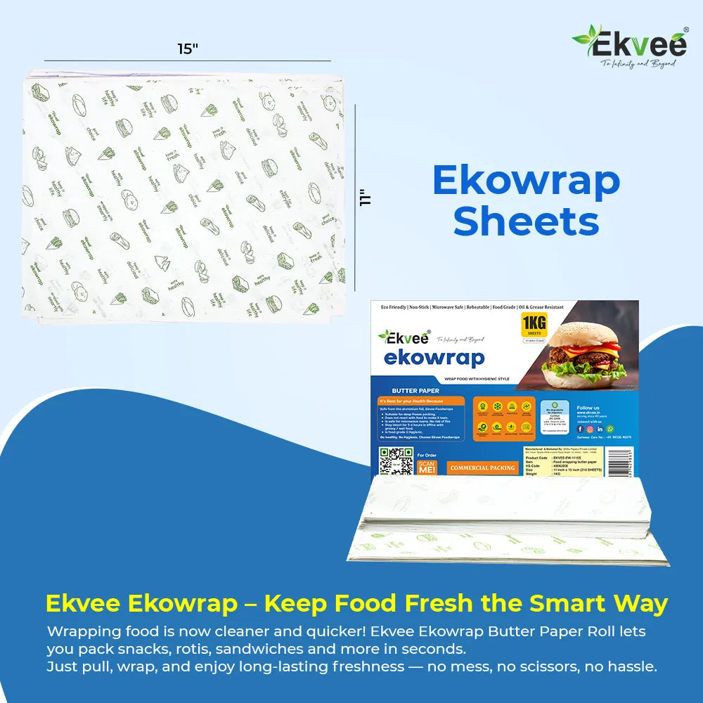 Ekvee Ekowrap 11×15-inch butter paper sheets for clean, hygienic food wrapping.