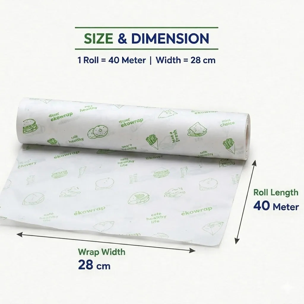  Ekowrap butter paper roll shown with dimensions: 40-meter roll length and 28 cm wrap width.