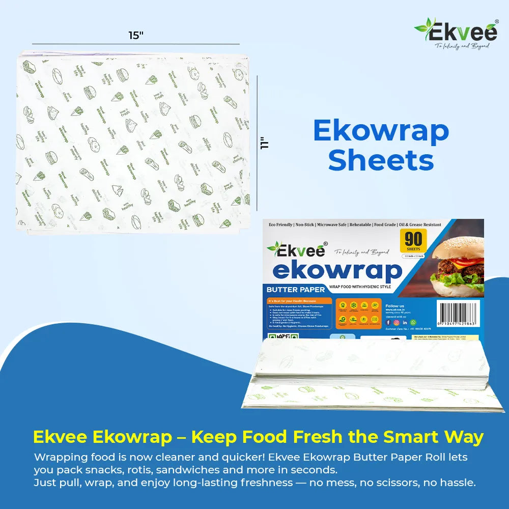 Ekvee Ekowrap sheets packaging and product display on a light blue background with blue graphic waves. The sheets are white with a green pattern of food illustrations.