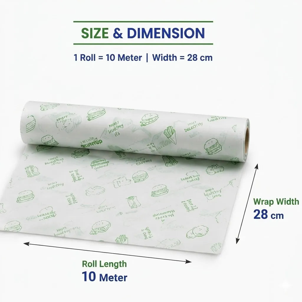 A roll of reusable food wrap partially unrolled on a white background, with text indicating size and dimensions: 10 meters length, 28 cm width, and wrap width 28 cm.