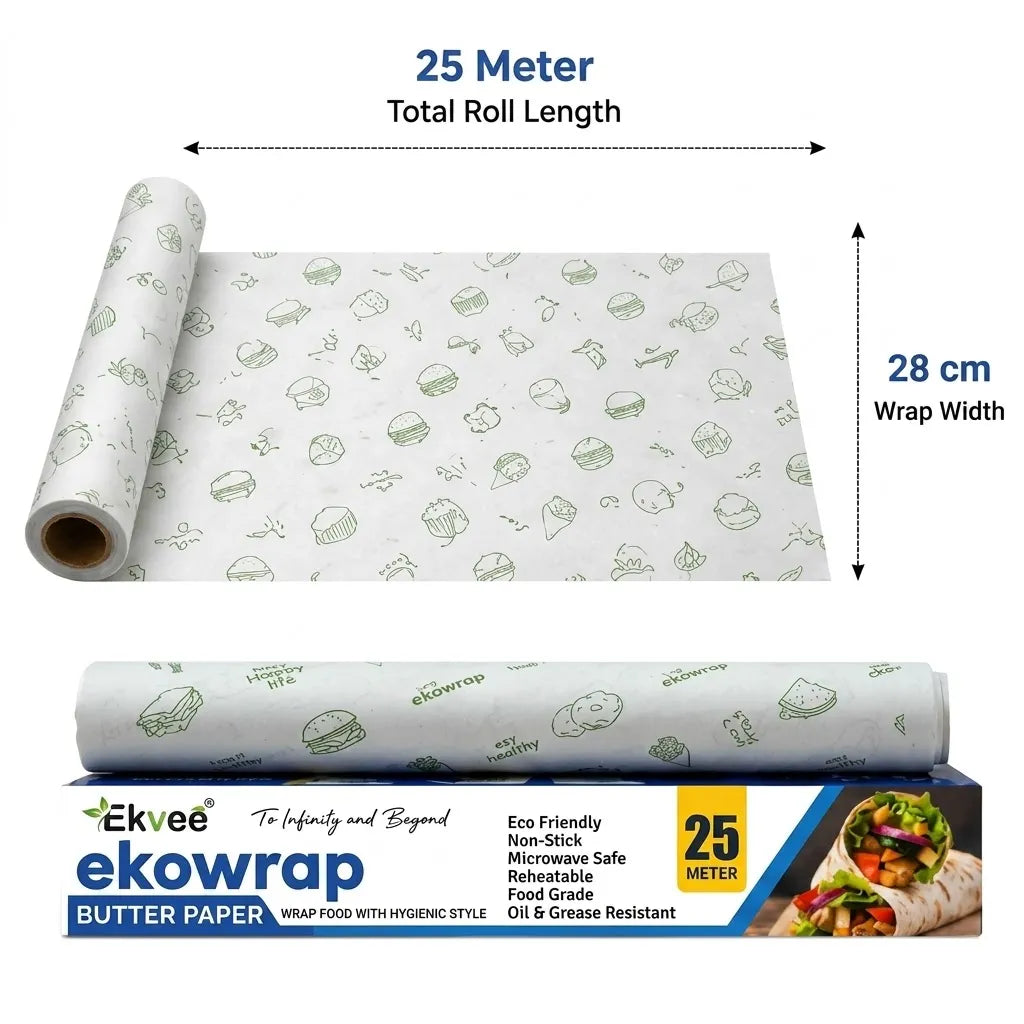Ekvee ekowrap 25-meter butter paper roll with a white background and light green food icons, shown partially unrolled with dimension labels of 25 meters total length and 28 cm width, plus the retail box below.