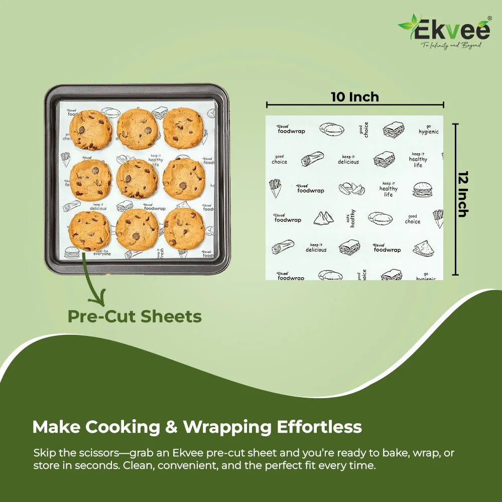 Ekvee pre-cut sheets for food packaging shown on a light green background, with a tray of cookies and a sheet of printed cut lines labeled 10 inch by 12 inch. Text at the bottom says to make cooking and wrapping effortless.