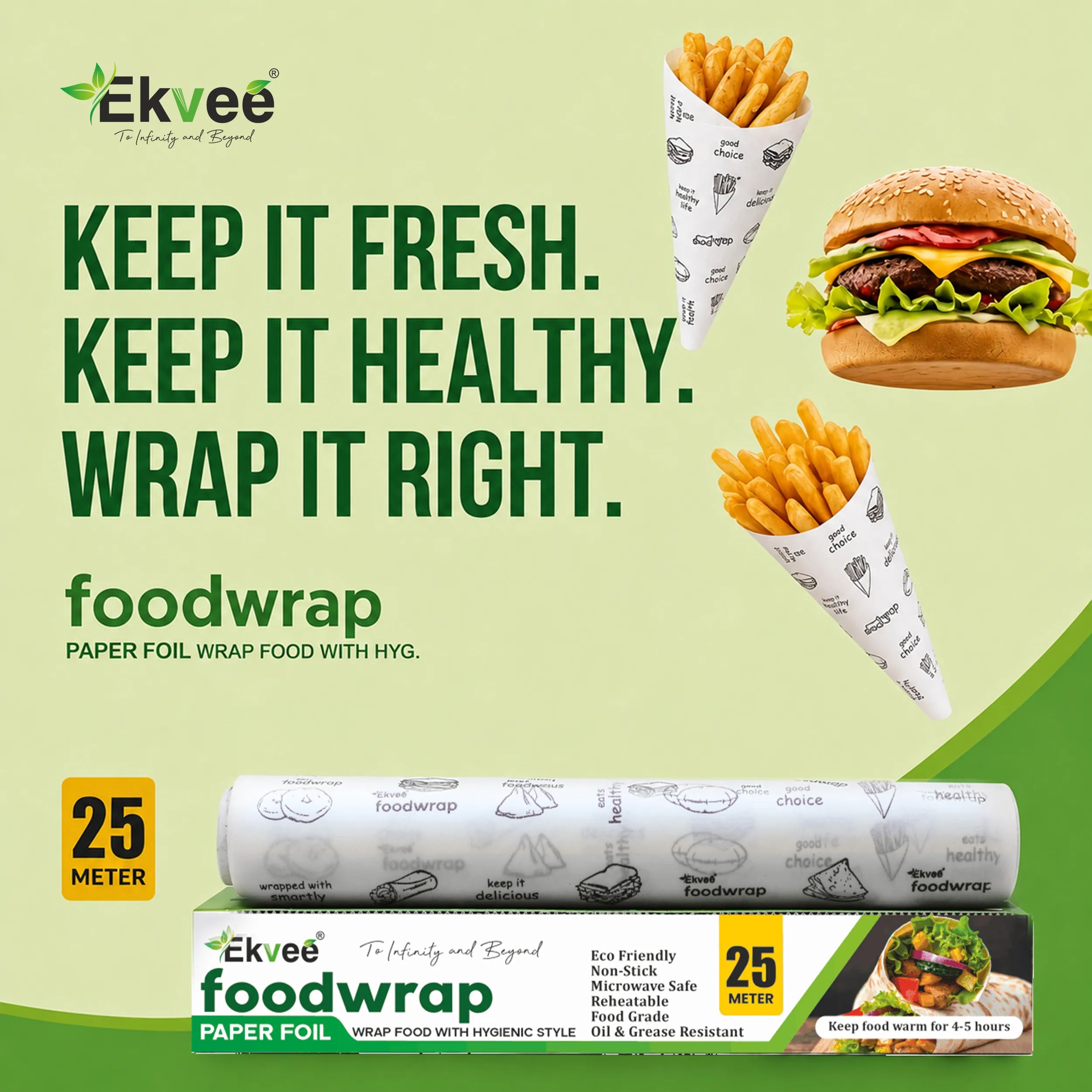 Ekvee foodwrap paper foil wrap shown rolled up with examples of wrapped fries and a burger, plus the retail box on a light green background with marketing text.