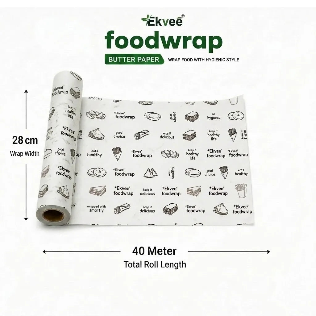 Ekvee Foodwrap butter paper roll, 28 cm wide and 40 meters long, shown partially unrolled with printed food-themed patterns and product branding.