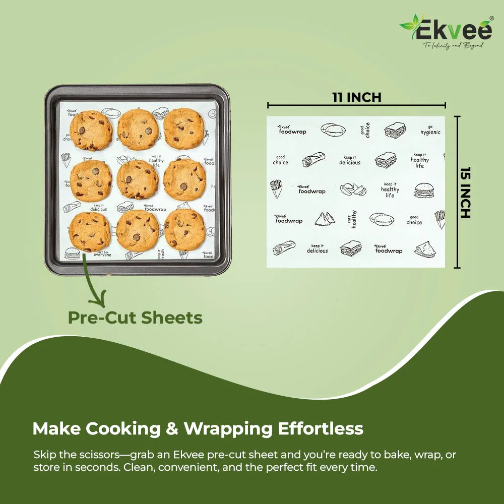 Ekvee pre-cut food wrapping paper sheets, 11 × 15 inches, shown covering a tray of cookies, with the sheet dimensions and pre-cut convenience highlighted.