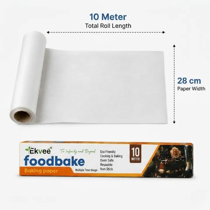 A roll of white Ekvee foodbake baking paper is shown partially unrolled with dimension labels indicating 10 meter total length and 28 cm paper width. The product packaging box is displayed below on a clean white background.