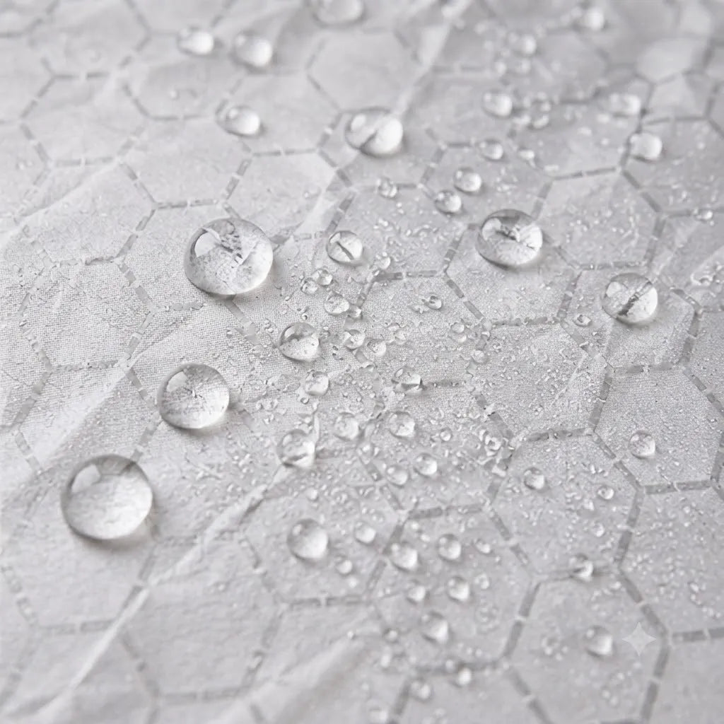 Close-up of a light gray textured surface with a hexagonal pattern and scattered clear water droplets, showing a waterproof or hydrophobic finish.