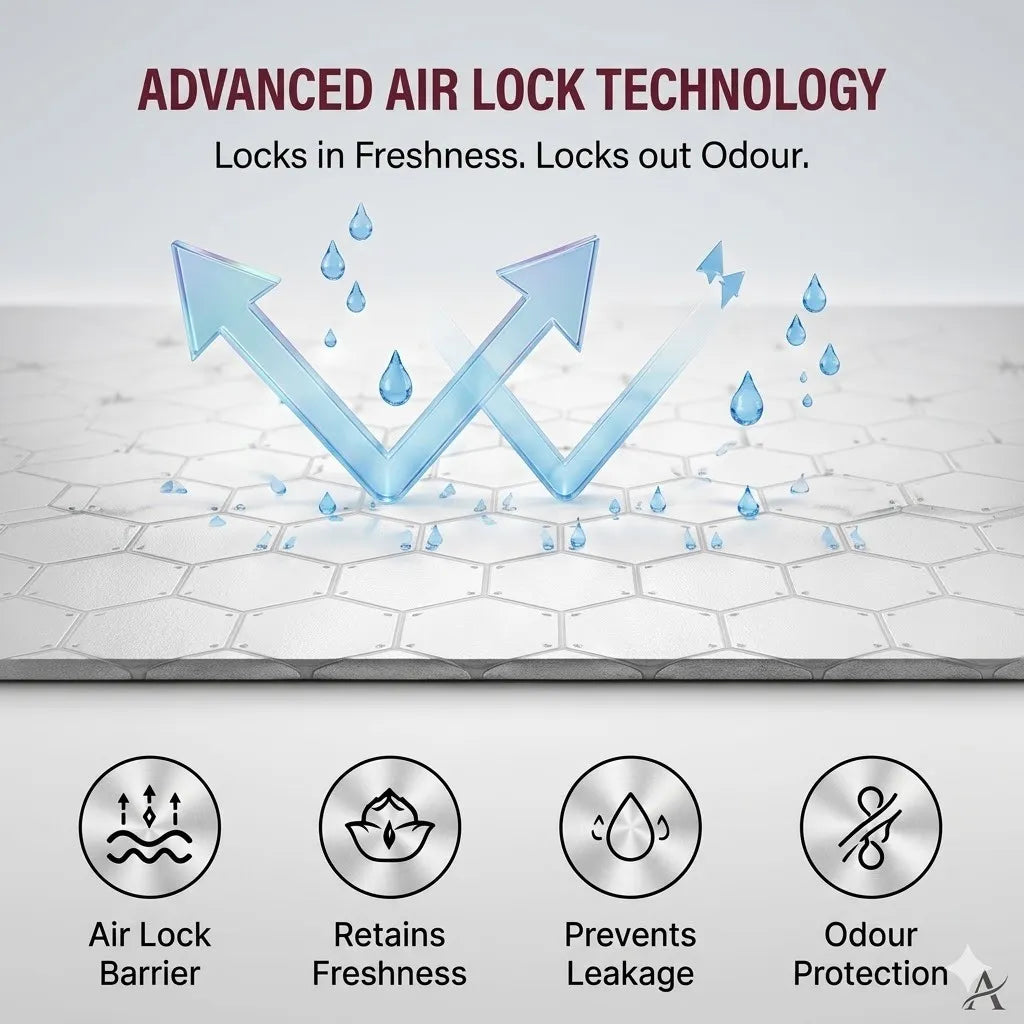 Promotional graphic for a fresh air lock, featuring the text 'ADVANCED AIR LOCK TECHNOLOGY' and 'Locks in Freshness. Locks out Odour.