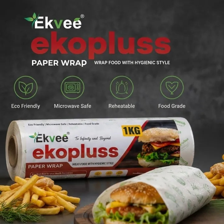 Ekvee Ekopluss paper wrap roll shown in a promotional product shot with a burger and fries wrapped in the paper, plus feature icons for eco-friendly, microwave safe, reheatable, and food grade. The background is dark gray.
