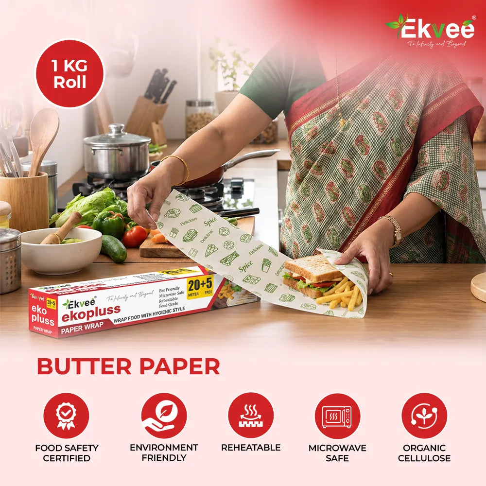 A person in a kitchen is wrapping a sandwich in a roll of Ekvee Ekopluss butter paper. The image includes product packaging, a roll of paper, and feature icons at the bottom highlighting food safety, environment friendliness, reheatability, microwave safety, and organic cellulose.