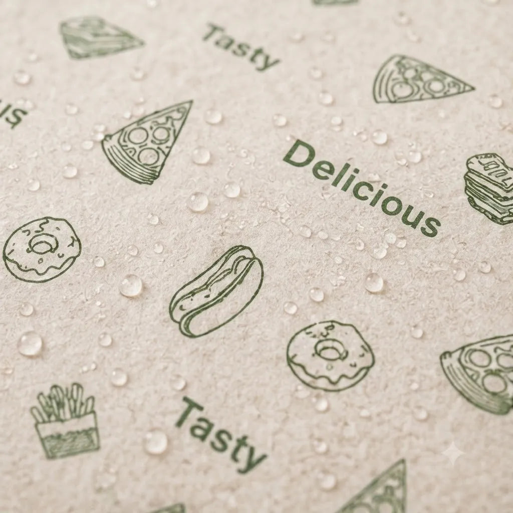 A close-up of a beige textured surface with green food-themed illustrations and words including 'Delicious' and 'Tasty,' covered with small water droplets.