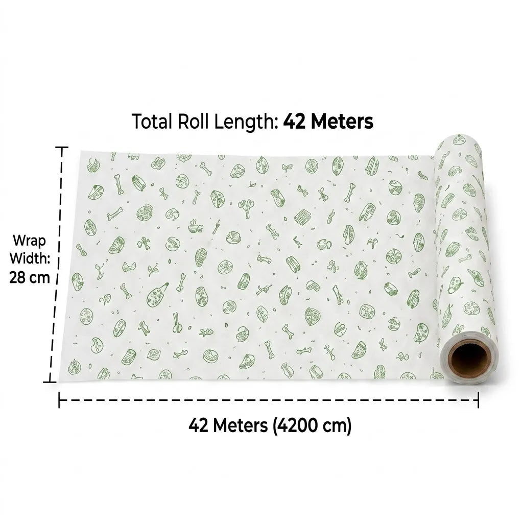 A roll of wrapping paper shown on a white background with dimension labels indicating a total roll length of 42 meters, wrap width of 28 cm, and total length in centimeters at the bottom.